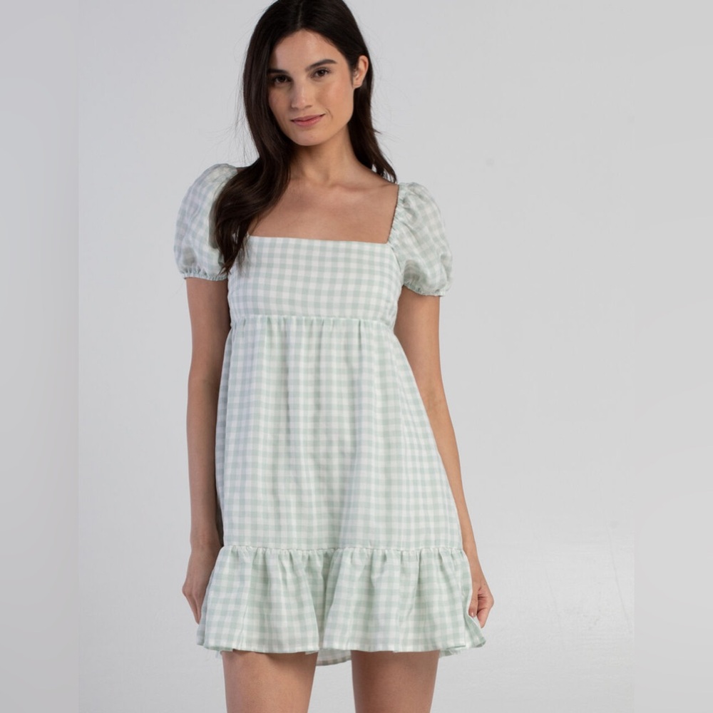 Tilly's Mint Gingham Puff Sleeve Midi Dress